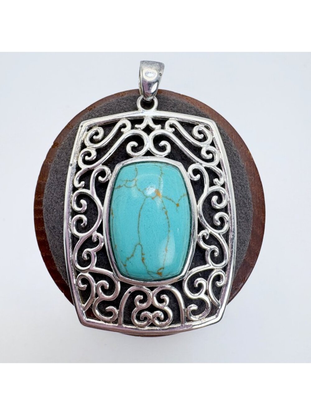 Turquoise Sterling Silver 925 Resin Scroll Design Statement Pendant 2"